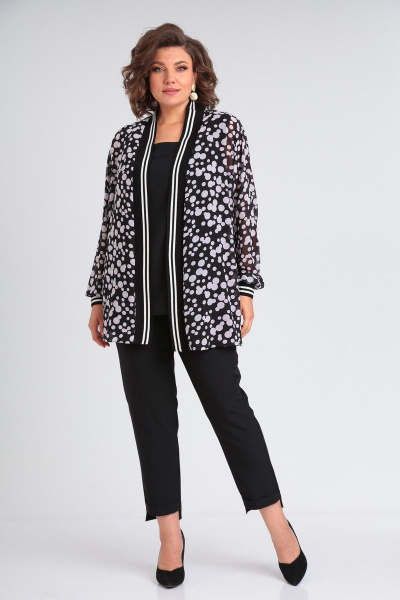 Демисезонный комплект из брюк, блузки и кардигана из шифона Диомант 1903 черный - фото 1