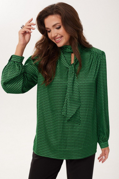 Нарядная блузка из атласной ткани с длинными рукавами MALI 623-073 изумруд - фото 2