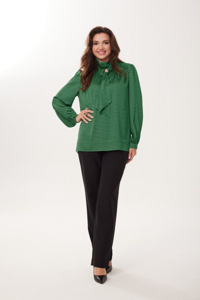 Нарядная блузка из атласной ткани с длинными рукавами MALI 623-073 изумруд - фото 5