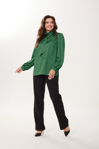 Нарядная блузка из атласной ткани с длинными рукавами MALI 623-073 изумруд - фото 3