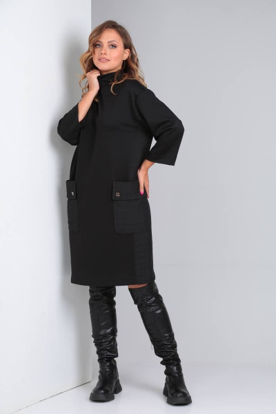 Платье из трикотажа и жаккардовых вставок с накладными карманами TVIN 7769 черный - фото 5