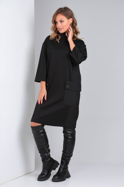 Платье из трикотажа и жаккардовых вставок с накладными карманами TVIN 7769 черный - фото 3