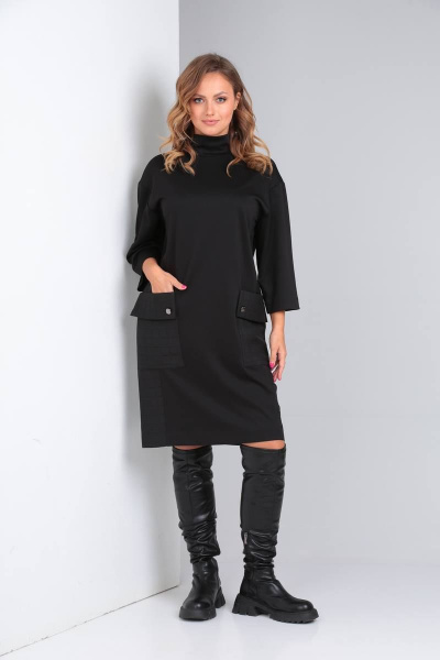 Платье из трикотажа и жаккардовых вставок с накладными карманами TVIN 7769 черный - фото 1