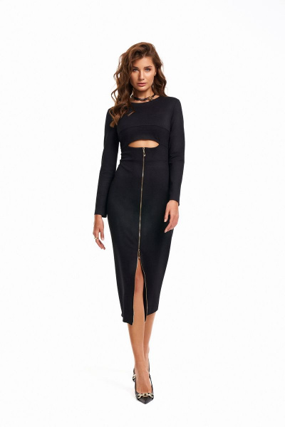 Платье облегающее из плотного трикотажа с разрезом KaVaRi 1065 черный - фото 3