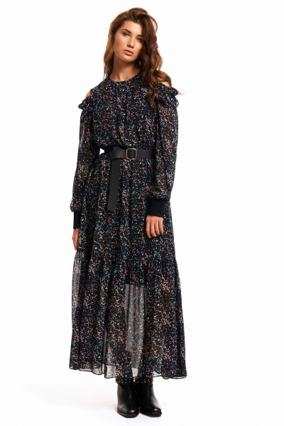 Длинное платье из шифона с воланом и регулятором длины KaVaRi 1067 черный - фото 1