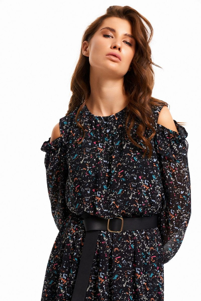 Длинное платье из шифона с воланом и регулятором длины KaVaRi 1067 черный - фото 10