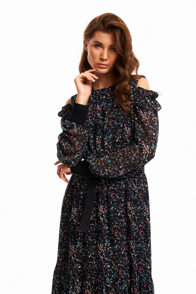 Длинное платье из шифона с воланом и регулятором длины KaVaRi 1067 черный - фото 9