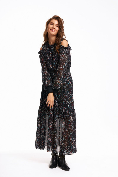 Длинное платье из шифона с воланом и регулятором длины KaVaRi 1067 черный - фото 7