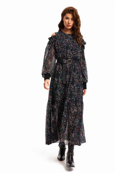 Длинное платье из шифона с воланом и регулятором длины KaVaRi 1067 черный - фото 2