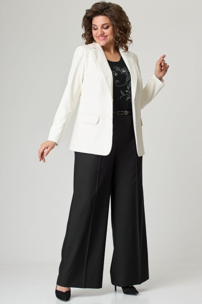 Женский комплект жакет из эко кожи и брюки-палаццо БелЭльСтиль 203-2_83_22+604-2_82_22 молочно-черный - фото 6