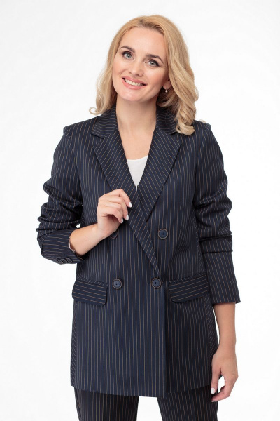Двубортный свободный жакет из хлопка и текстиля с карманами БелЭльСтиль 785-2_90_22 т.синий_полоска - фото 1