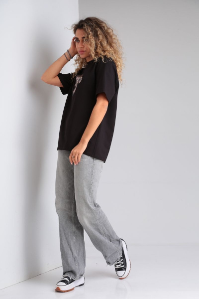 Черный прямой футболка из хлопка и трикотажа HIT 0217 черный - фото 4