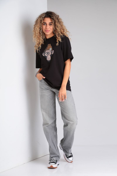 Черный прямой футболка из хлопка и трикотажа HIT 0217 черный - фото 3