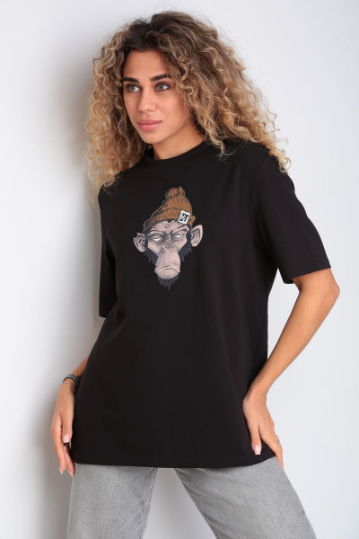 Черный прямой футболка из хлопка и трикотажа HIT 0217 черный - фото 1