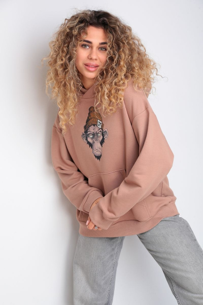 Бежевый oversize худи с принтом из трикотажа HIT 0216 бежевый - фото 1