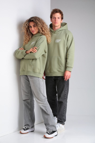 Классное oversize худи из футера с принтом lovers HIT 0208/1 оливковый - фото 2