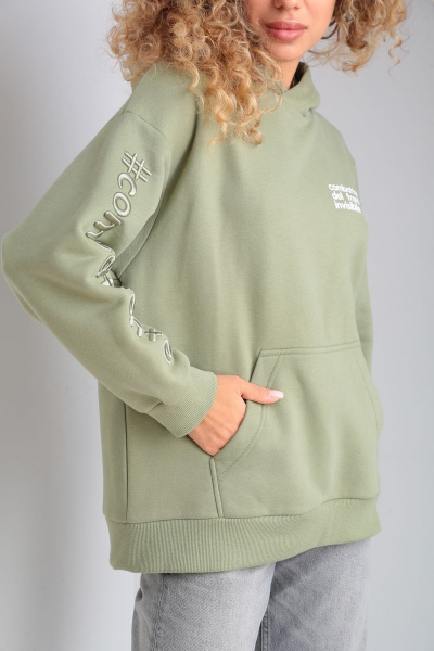 Классное oversize худи из футера с принтом lovers HIT 0208/1 оливковый - фото 7