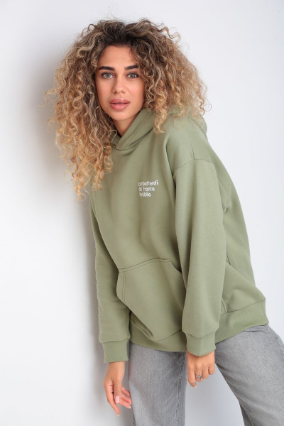 Классное oversize худи из футера с принтом lovers HIT 0208/1 оливковый - фото 5