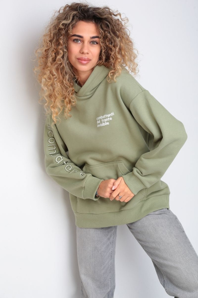 Классное oversize худи из футера с принтом lovers HIT 0208/1 оливковый - фото 3