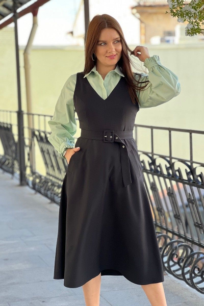Демисезонный сарафан А-силуэта с отрезной талией и поясом S.O.L O Me М-1440 чёрный - фото 1