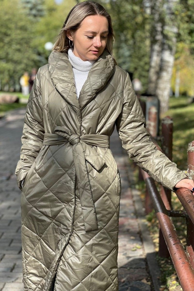 Стеганое пальто на кнопках с поясом и капюшоном S.O.L O Me М-И8 оливковый - фото 2