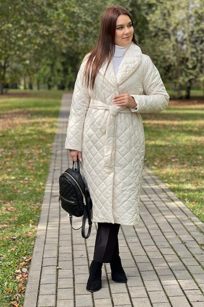 Стеганое пальто в миди длине на кнопках с поясом и капюшоном S.O.L O Me М-И8 молочный - фото 1