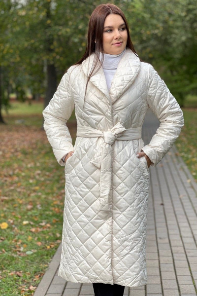 Стеганое пальто в миди длине на кнопках с поясом и капюшоном S.O.L O Me М-И8 молочный - фото 2