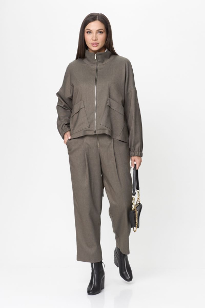 Зеленый демисезонный костюм из текстиля с укороченным бомбером и брюками Michel chic 1351 хаки - фото 1