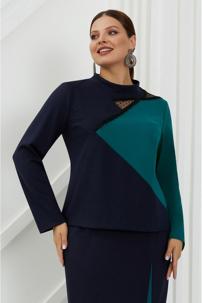 Платье из трикотажа с ассиметричным вырезом и шлицей Lissana 4812 синий-изумруд - фото 8