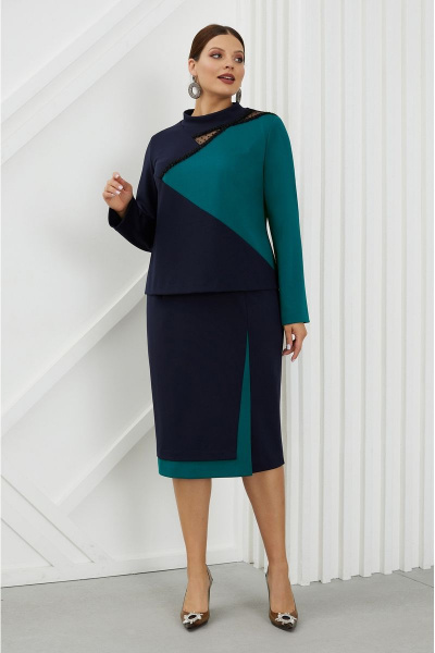 Платье из трикотажа с ассиметричным вырезом и шлицей Lissana 4812 синий-изумруд - фото 1