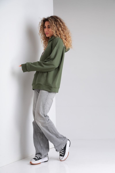 Худи на каждый день из трикотажа и хлопка, зеленое, oversize HIT 0216 хаки - фото 5