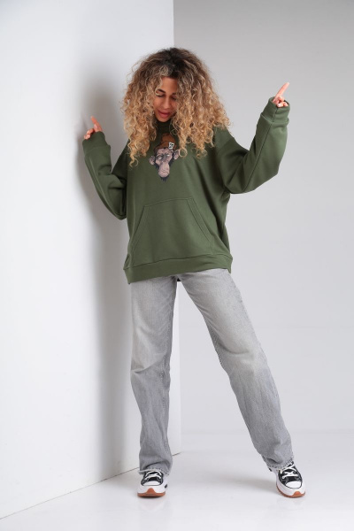 Худи на каждый день из трикотажа и хлопка, зеленое, oversize HIT 0216 хаки - фото 4