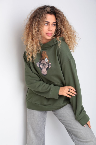 Худи на каждый день из трикотажа и хлопка, зеленое, oversize HIT 0216 хаки - фото 3