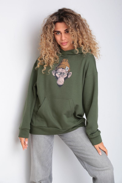 Худи на каждый день из трикотажа и хлопка, зеленое, oversize HIT 0216 хаки - фото 2