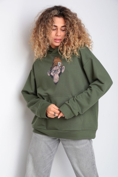 Худи на каждый день из трикотажа и хлопка, зеленое, oversize HIT 0216 хаки - фото 1