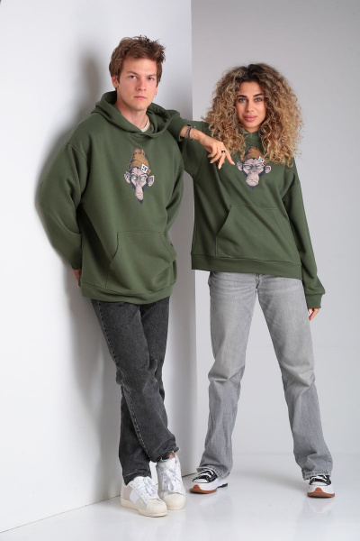 Худи на каждый день из трикотажа и хлопка, зеленое, oversize HIT 0216/1 хаки - фото 6
