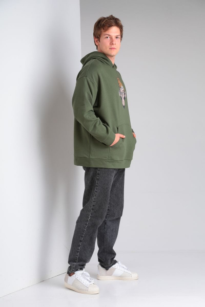 Худи на каждый день из трикотажа и хлопка, зеленое, oversize HIT 0216/1 хаки - фото 4