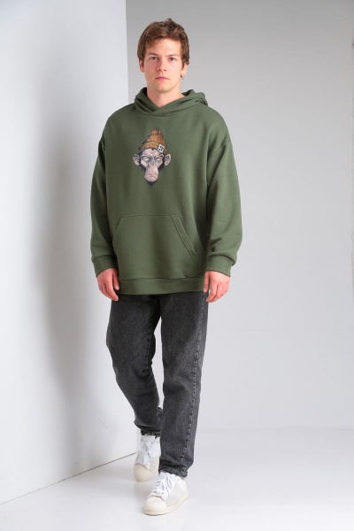 Худи на каждый день из трикотажа и хлопка, зеленое, oversize HIT 0216/1 хаки - фото 3