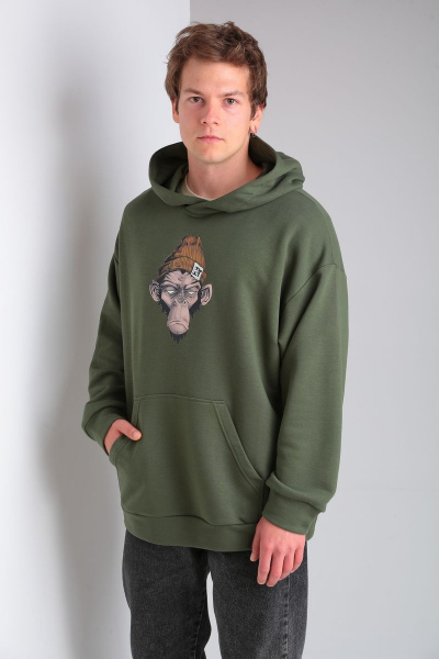 Худи на каждый день из трикотажа и хлопка, зеленое, oversize HIT 0216/1 хаки - фото 2