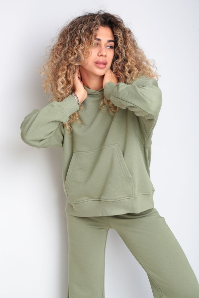 Демисезонный костюм из хлопкового трикотажа с худи и клеш-брюками HIT 3089/1 оливковый - фото 6