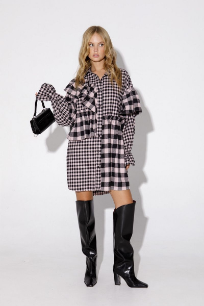 Платье рубашка клетка асимметричное с рукавами и воротником PiRS 4873 розовый - фото 5