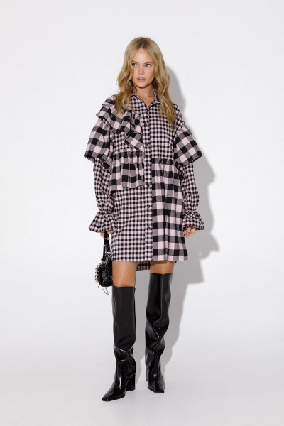 Платье рубашка клетка асимметричное с рукавами и воротником PiRS 4873 розовый - фото 3