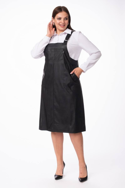 Сарафан из эко-кожи на широких бретелях прямого кроя Stilville 1847 черный - фото 2