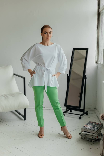 Летняя белая блузка с коротким рукавом и тесьмой на талии Стильная леди М-490 белый - фото 1