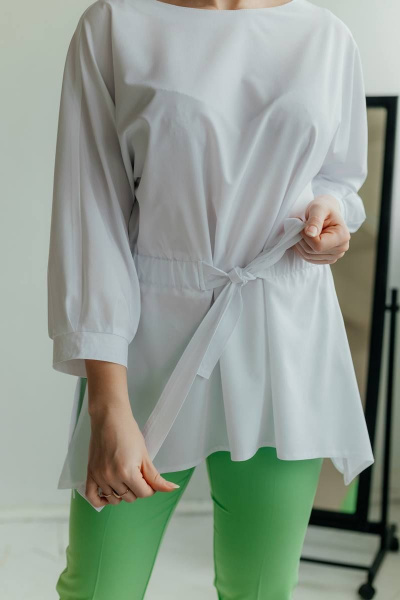 Летняя белая блузка с коротким рукавом и тесьмой на талии Стильная леди М-490 белый - фото 3