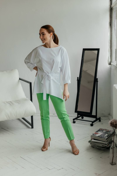 Летняя белая блузка с коротким рукавом и тесьмой на талии Стильная леди М-490 белый - фото 5