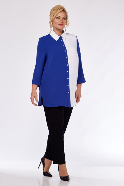 Белая и синяя блузка из текстиля с планкой и разрезами Ga-Ta Style 1592 - фото 4