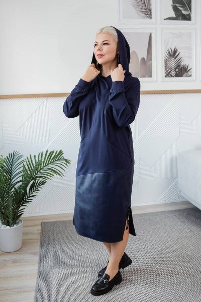Демисезонное узкое платье с капюшоном и асимметрией ASV 2487 темно-синий - фото 2