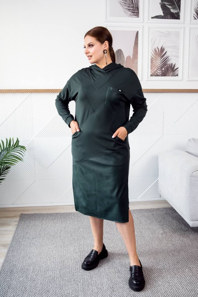 Демисезонное платье из вискозы и эко-кожи с капюшоном ASV 2487 зеленый - фото 1