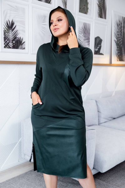 Демисезонное платье из вискозы и эко-кожи с капюшоном ASV 2487 зеленый - фото 5